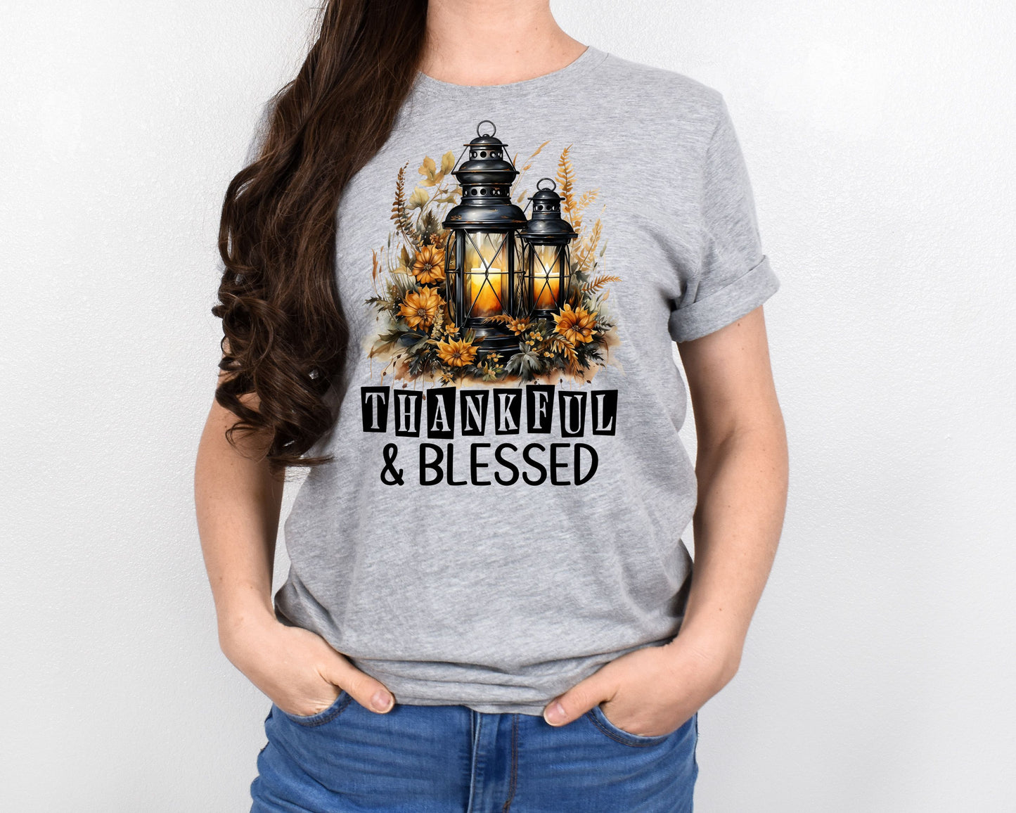 Thankful Blessed Lantern Bella+Canvas Short Sleeved T-Shirt